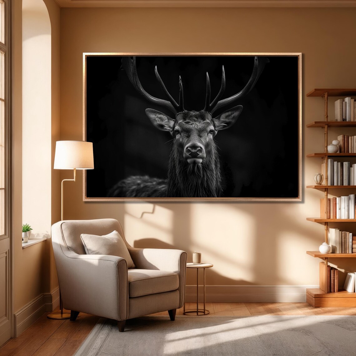Black And White Stag Portrait Majestic Antlers Dark Wall Art - Image 2