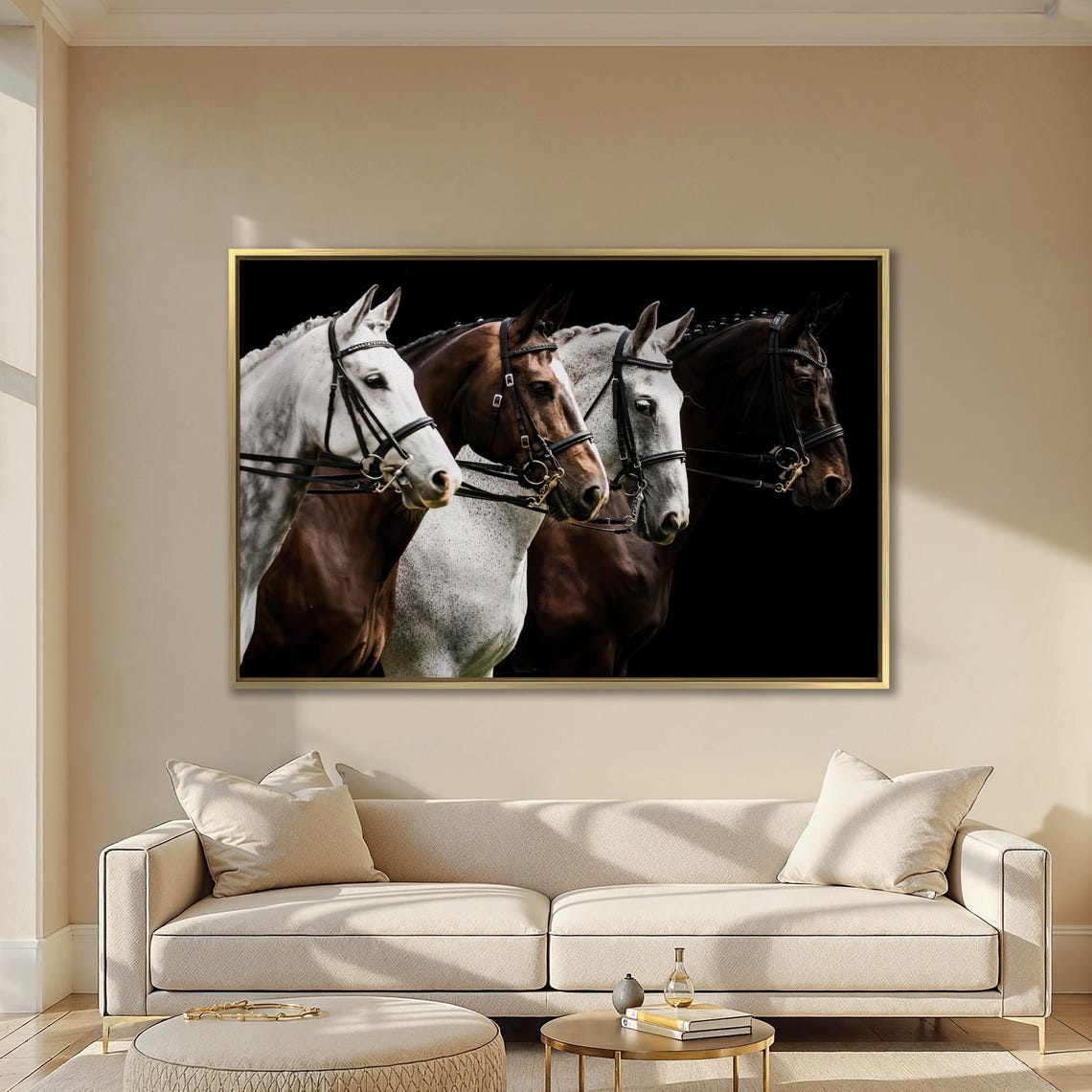 Four Horses In Bridles Black Background Equestrian Team Wall Art - Image 4