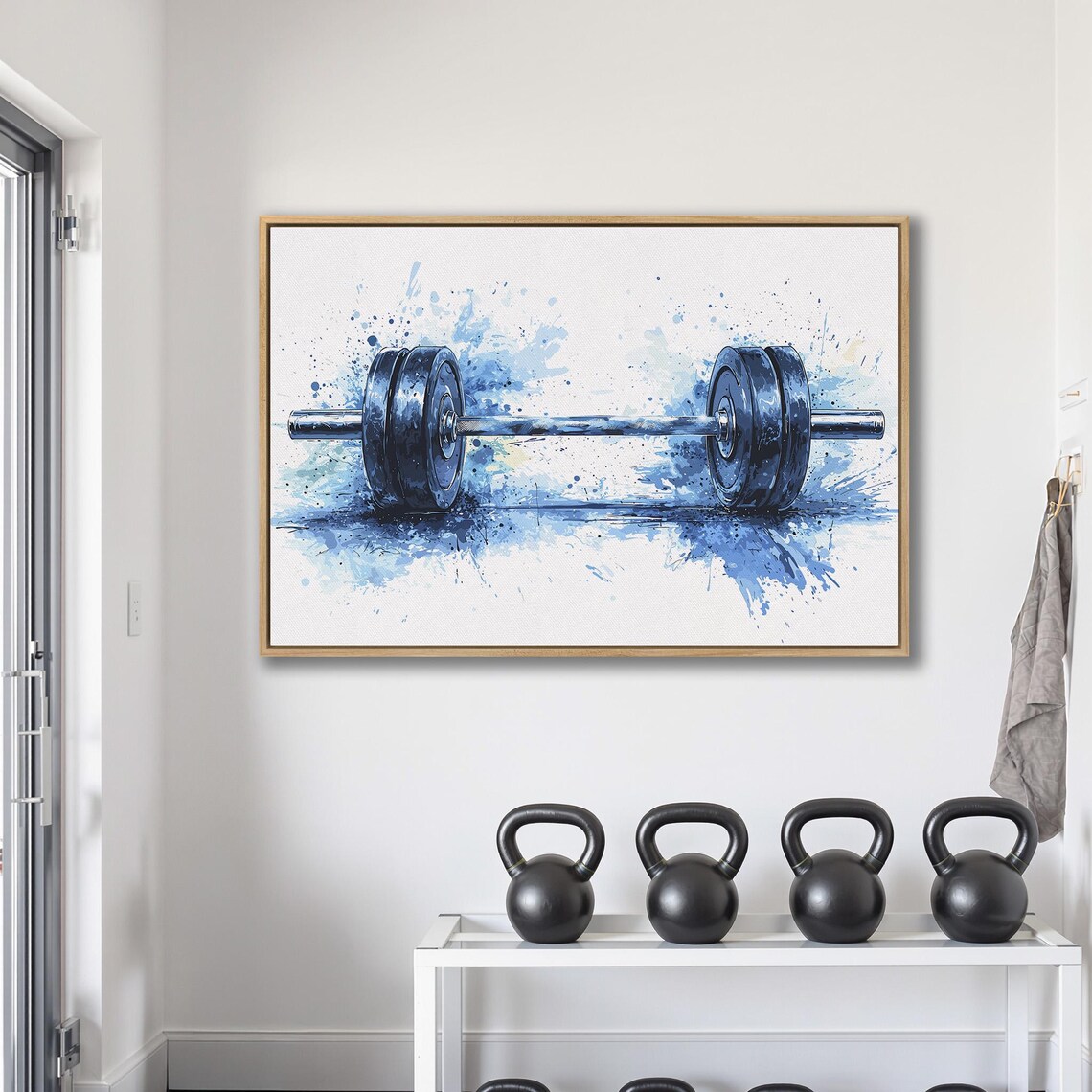 Blue Watercolor Barbell on White with Paint Splatter Fitness Poster - Image 2