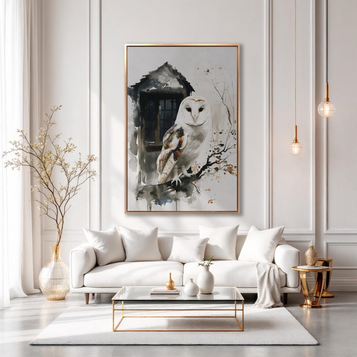 Barn Owl Watercolor Perched By Rustic Window Branch Art Poster - Image 5