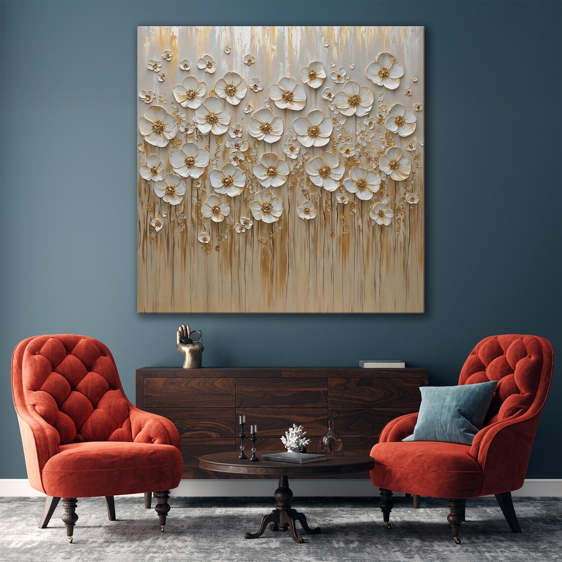 White And Gold Blossoms Impasto Floral Field Painting Art Poster - Image 5