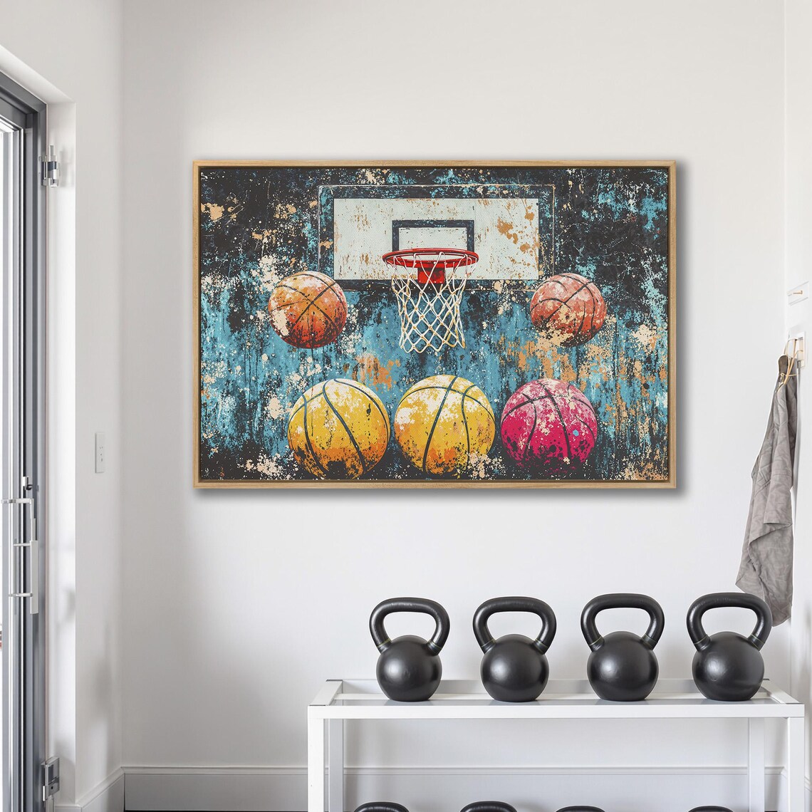 Basketball Hoop Surrounded By Five Colorful Balls Sports Poster - Image 2