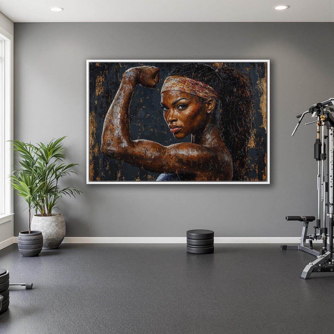 Strong Woman Flexing Bicep with Patterned Headband Dark Art Poster - Image 5