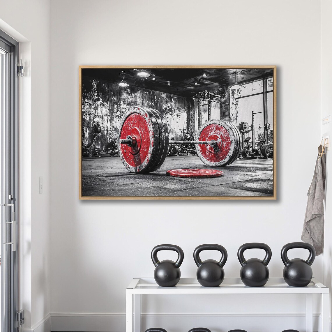 Red Barbell Plates In Black And White Grunge Gym Photo Poster - Image 2