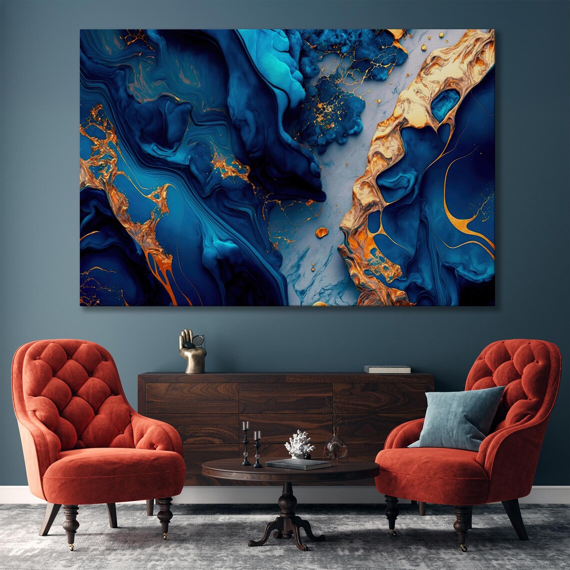 Blue and Gold Textured Marble Abstract Art Print - Image 4