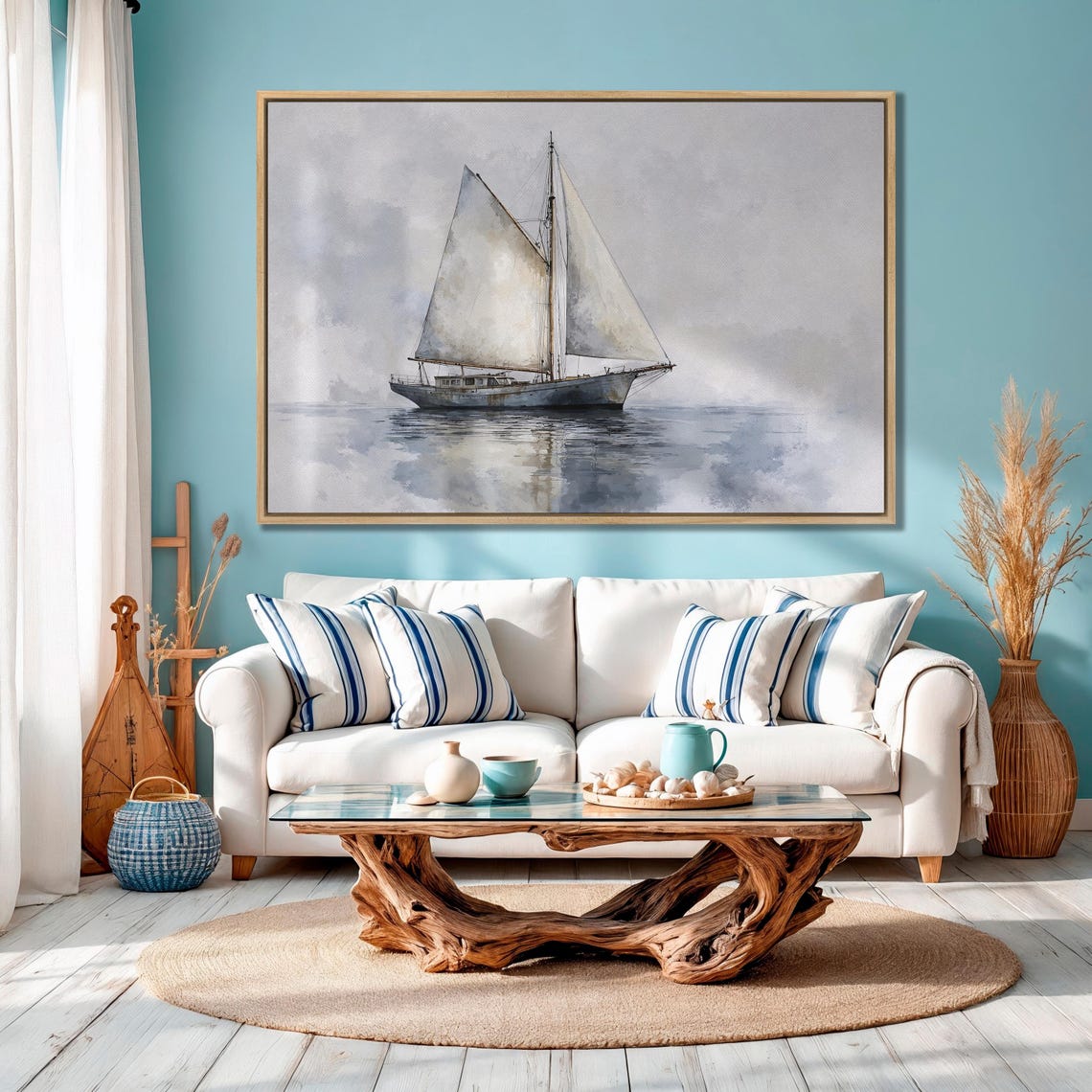 Sailing Ship On Calm Misty Waters Nautical Watercolor Poster - Image 4