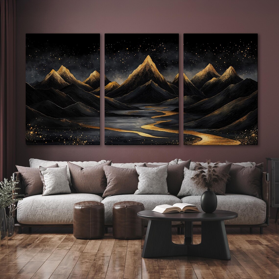 Golden Peaks and Winding River Under Starry Night Sky Art Poster - Image 6