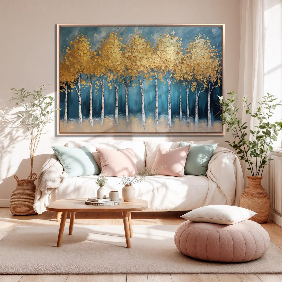 Golden Canopy Birch Trees by Teal Water Reflection Elegant Art Poster - Image 3