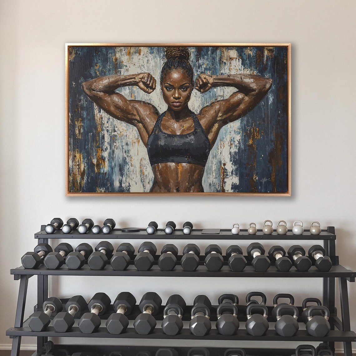 Athletic Woman Double Biceps Pose on Blue Gold Grunge Poster - Image 4