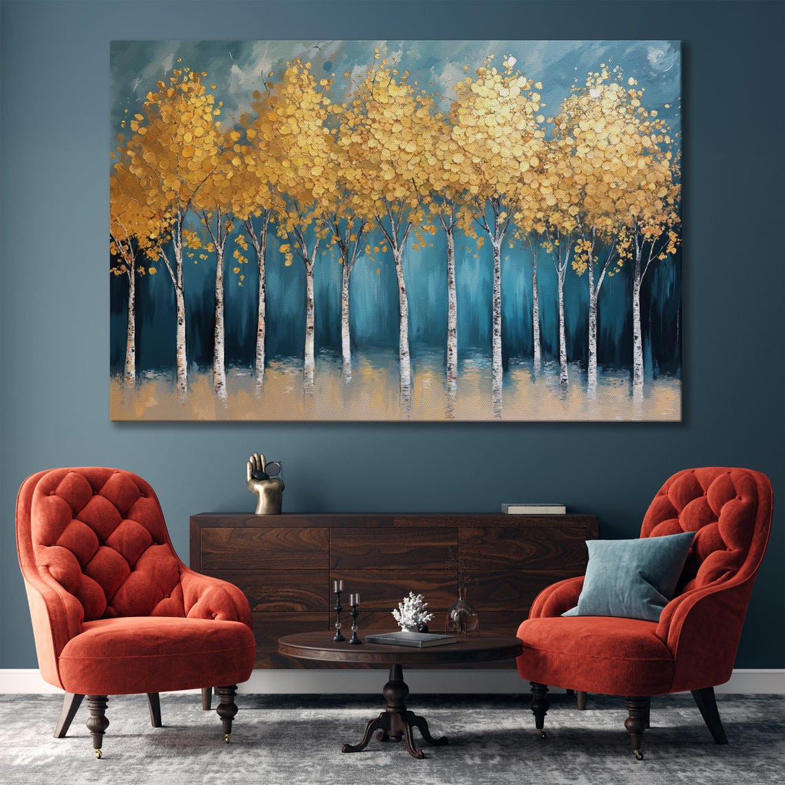 Golden Canopy Birch Trees by Teal Water Reflection Elegant Art Poster - Image 4