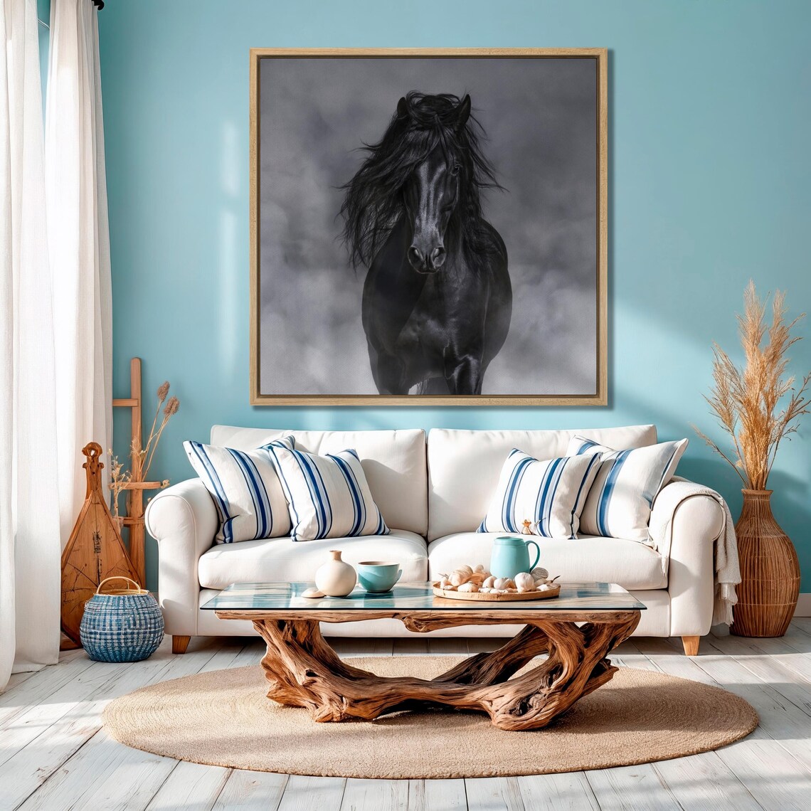 Black Horse Galloping Through Mist Monochrome Equine Wall Art - Image 3
