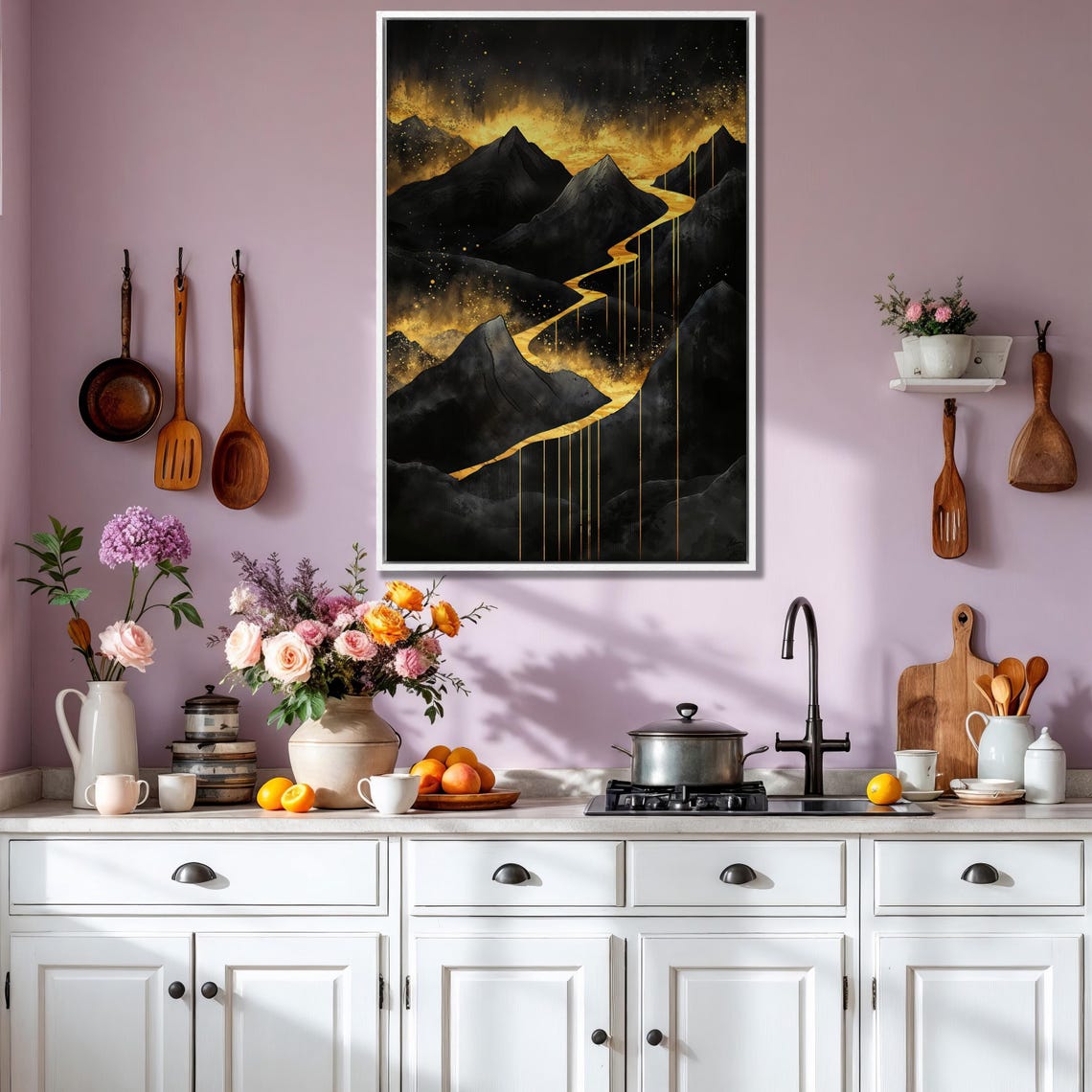 Dramatic Dark Mountains with Winding Golden River Landscape Poster - Image 4
