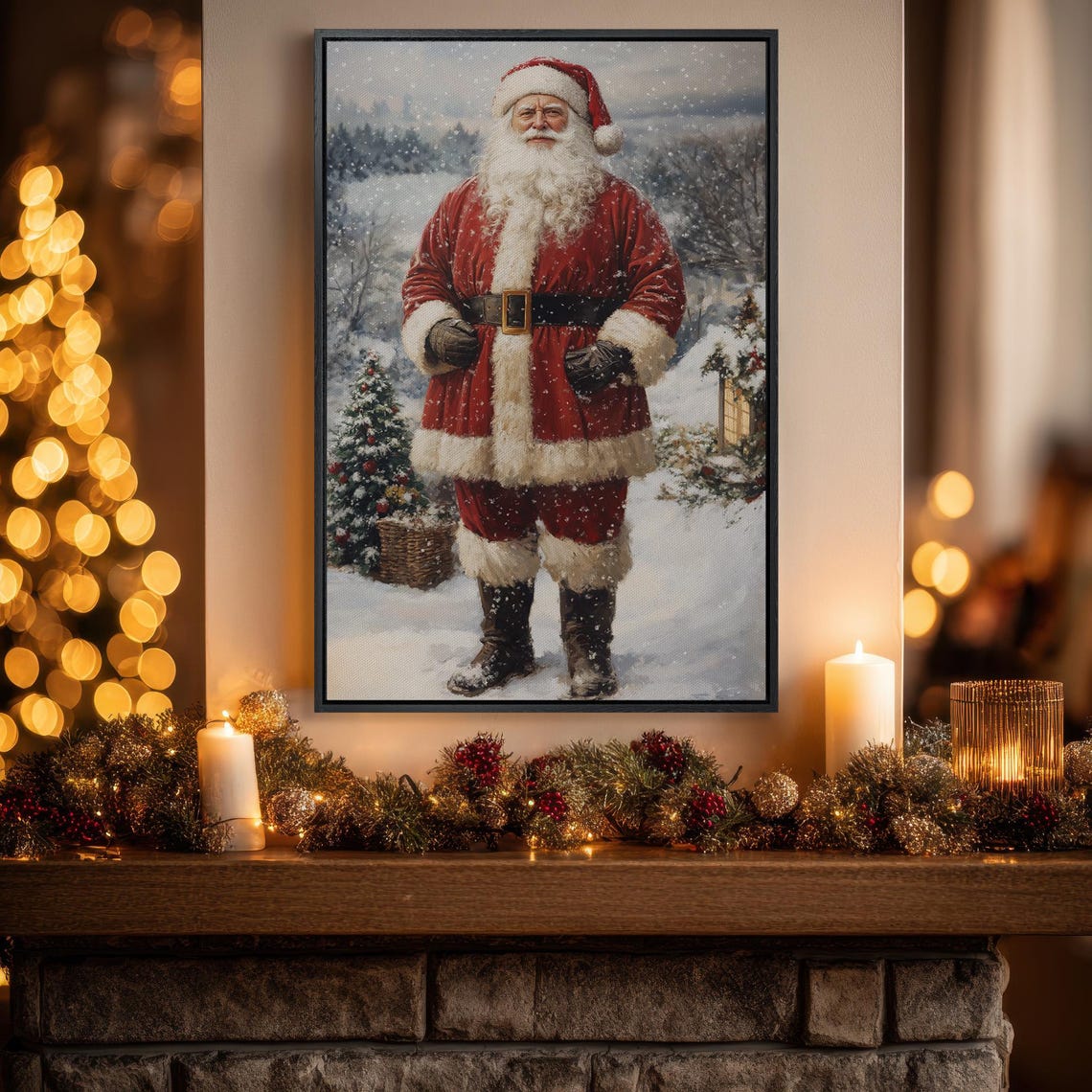 Vintage Santa Claus In Snowy Winter Forest Christmas Wall Art