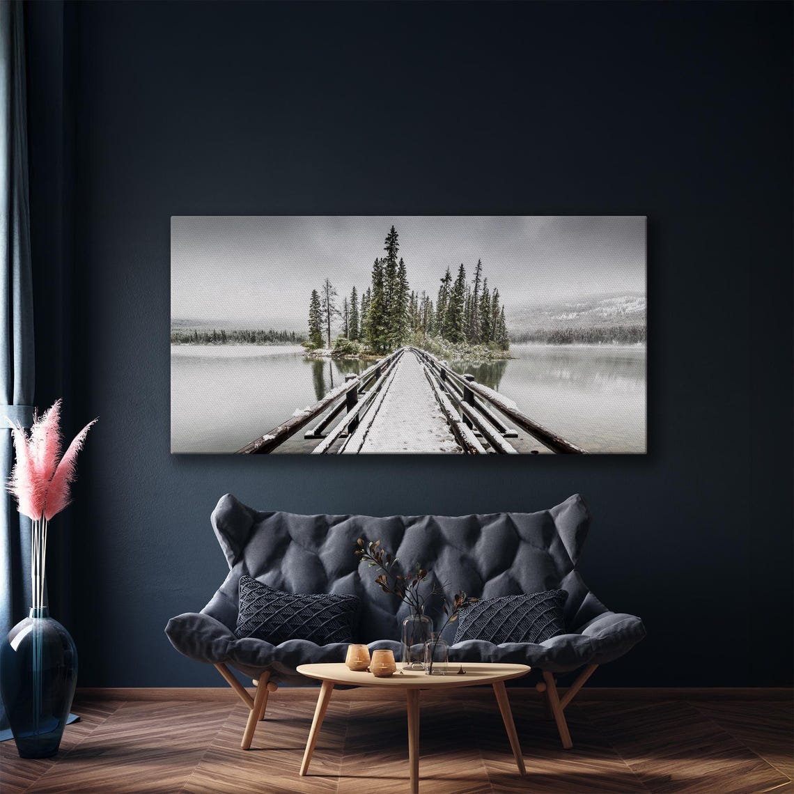 Jasper National Park Pyramid Lake Snowy Bridge Canadian Large Wall Art - Image 4