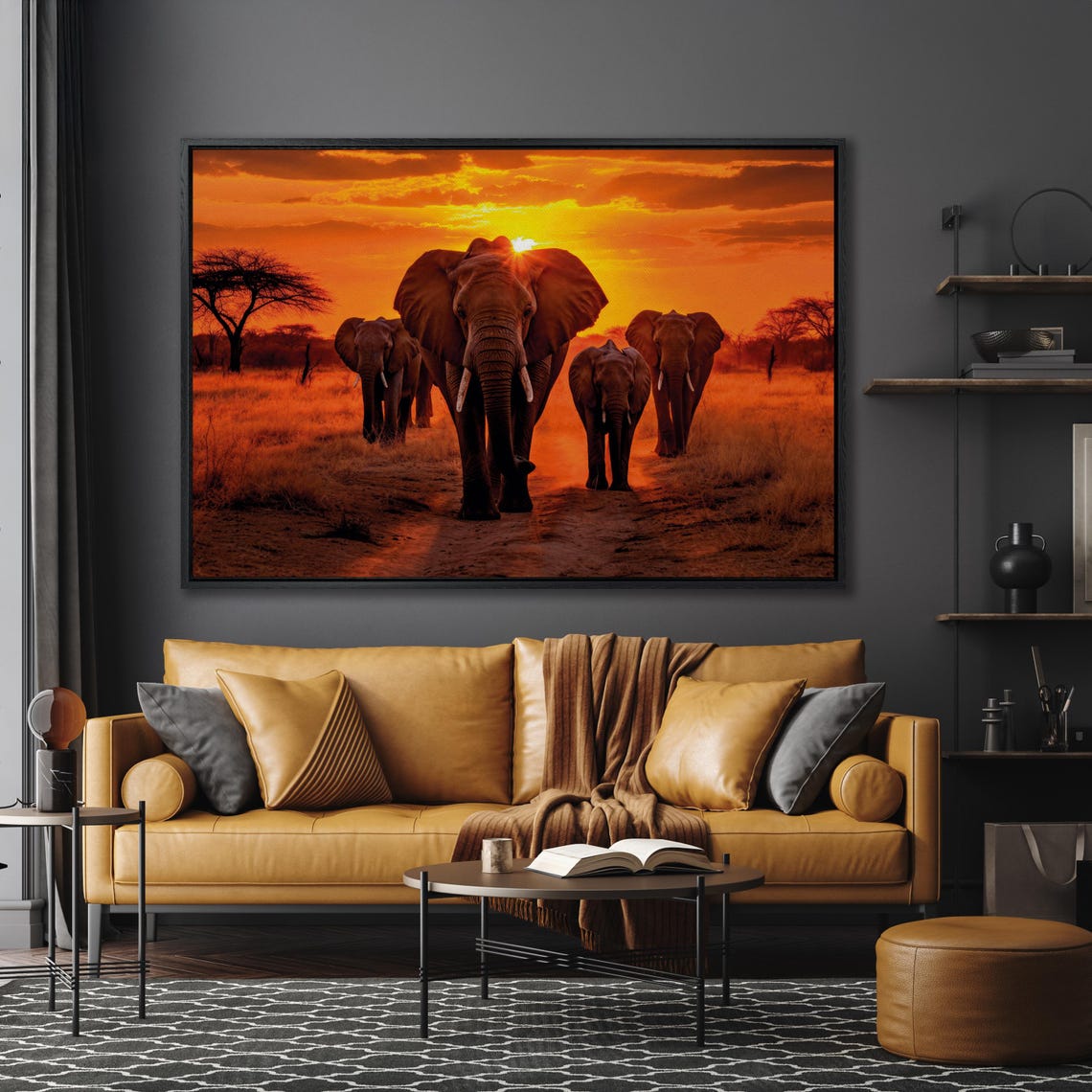 African Elephants Herd Walking Sunset Savanna Wildlife Large Wall Art - Image 5