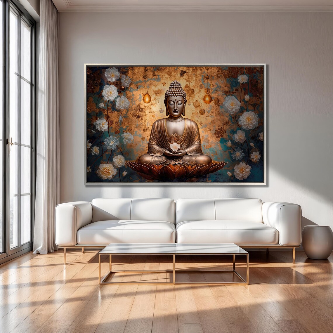 Bronze Buddha Meditating On Lotus Flower Floral Zen Wall Art - Image 2