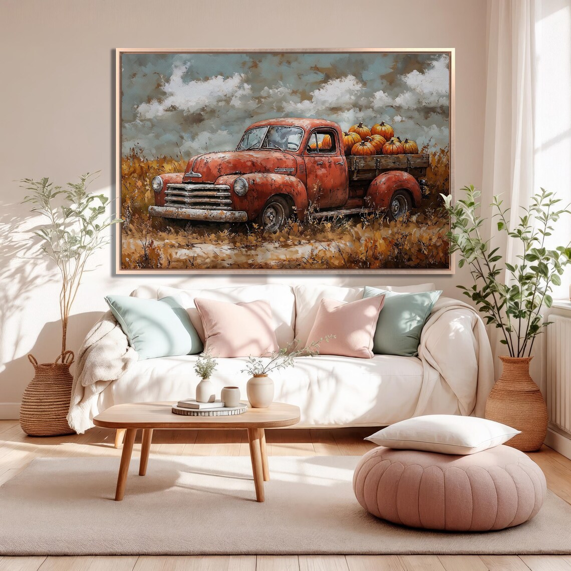 Vintage Red Chevrolet Pickup Truck Loaded With Pumpkins Poster - Image 2