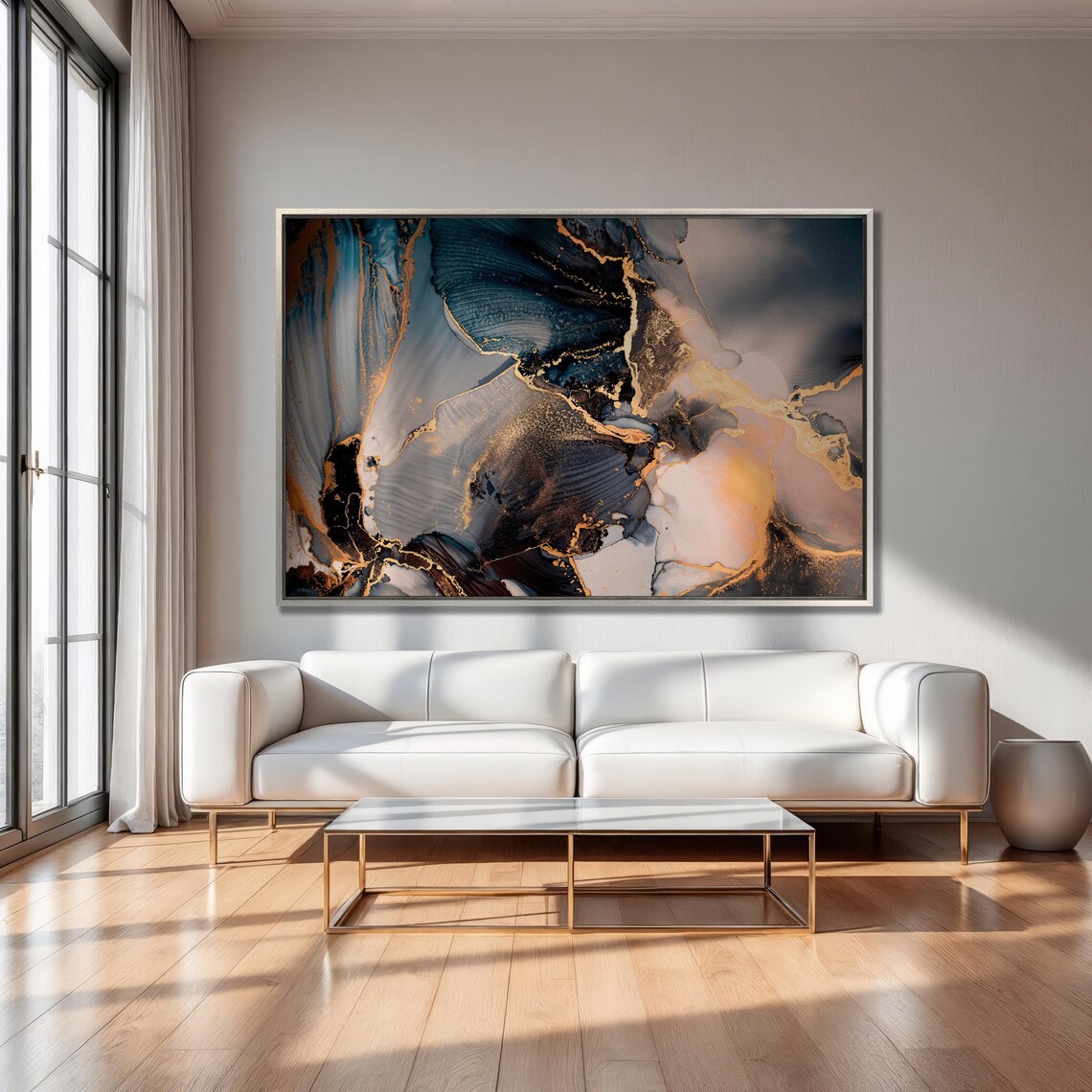 Dark Blue Marble Gold Vein Abstract Fluid Ink Painting Poster - Image 3