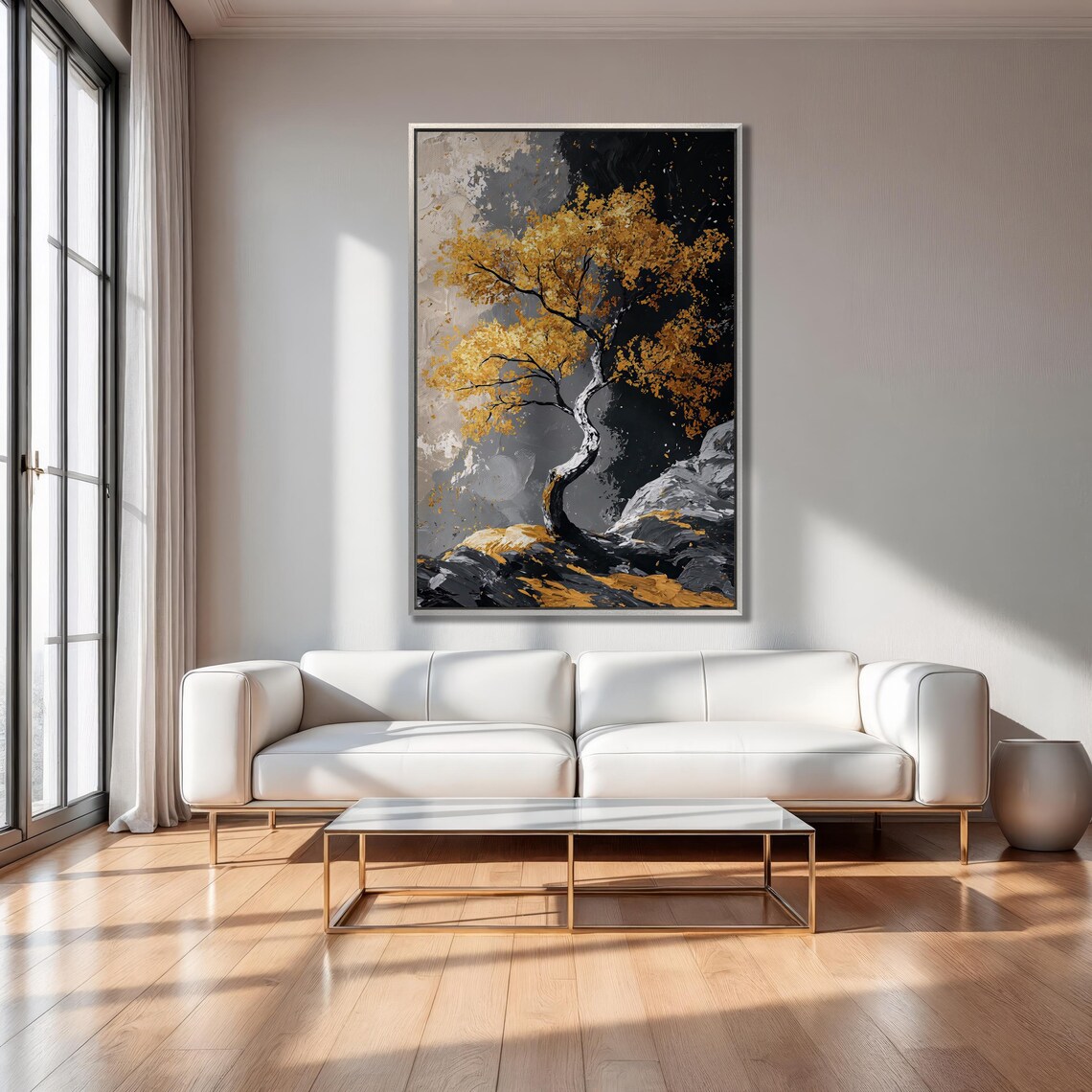 Windswept Golden Tree On Dark Rocks Black Gold Impasto Poster - Image 6