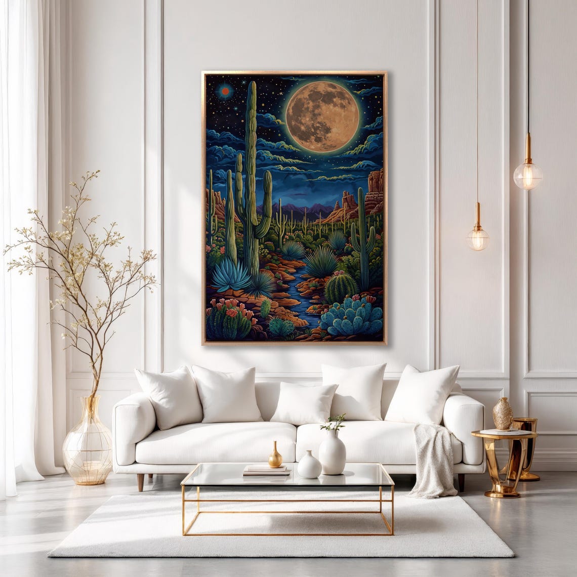 Full Moon Desert Night Saguaro Cactus Landscape Painting Poster - Image 4