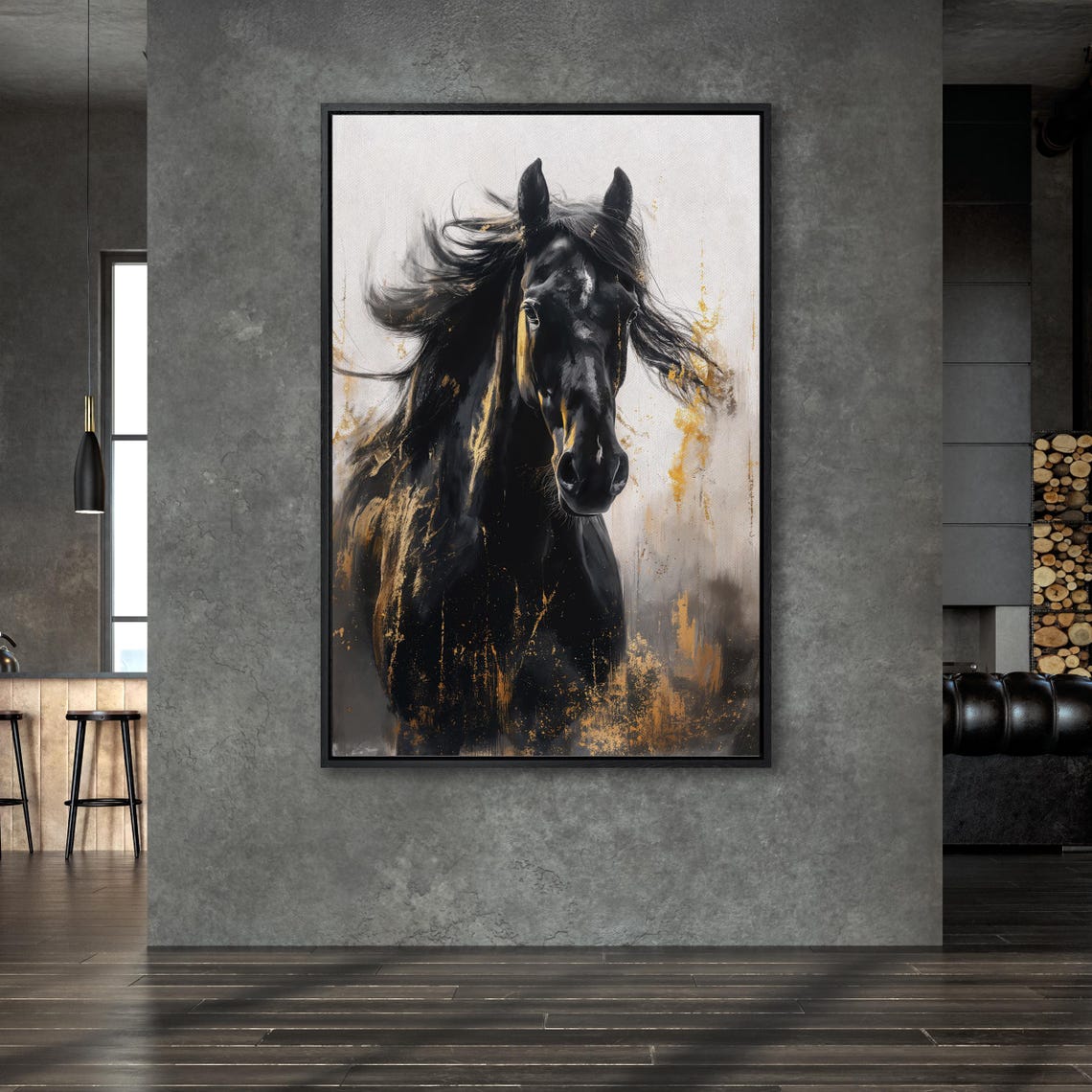 Black Stallion With Flowing Mane Vertical Equine Portrait Art Poster - Image 6