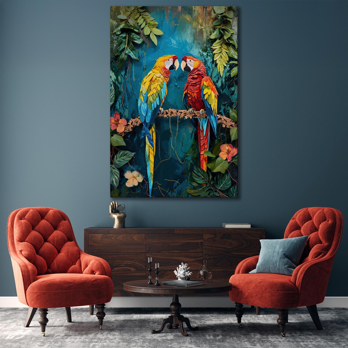 Pair Of Macaw Parrots On Branch In Tropical Jungle Painting Poster - Image 3
