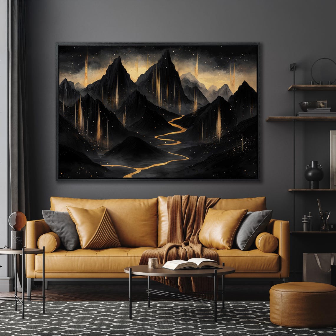Starry Night Mountain Valley with Winding Golden River Art Poster - Image 5