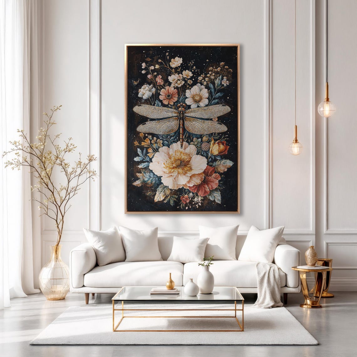 Dragonfly Above Giant Cream Peony On Starry Night Floral Poster - Image 6