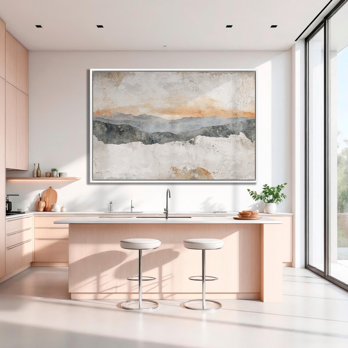 Layered Watercolor Mountain Ranges In Orange Sunset Haze Poster - Image 3