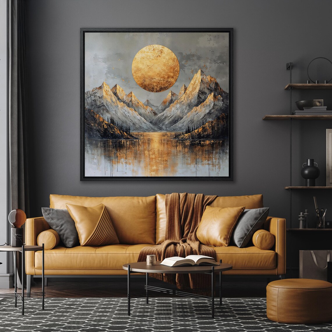 Giant Golden Sun Rising Over Mountain Lake Landscape Art Poster - Image 6
