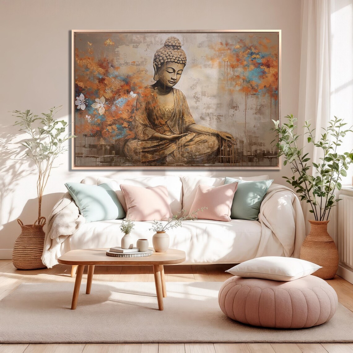 Serene Meditating Buddha Gold Teal Abstract Oil Painting Poster - Image 3