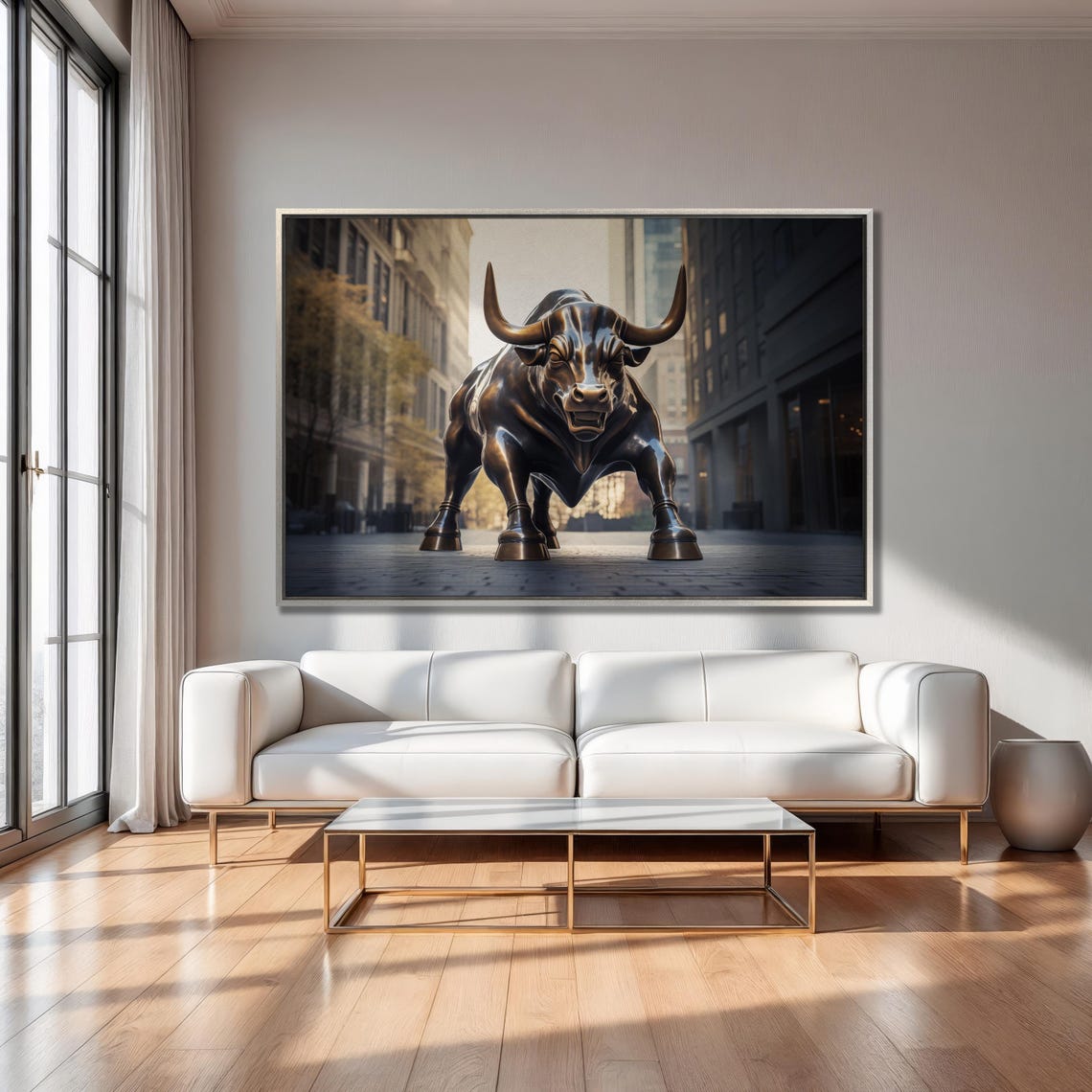 Charging Bull Statue City Street Financial Power Decor Wall Art - Image 4
