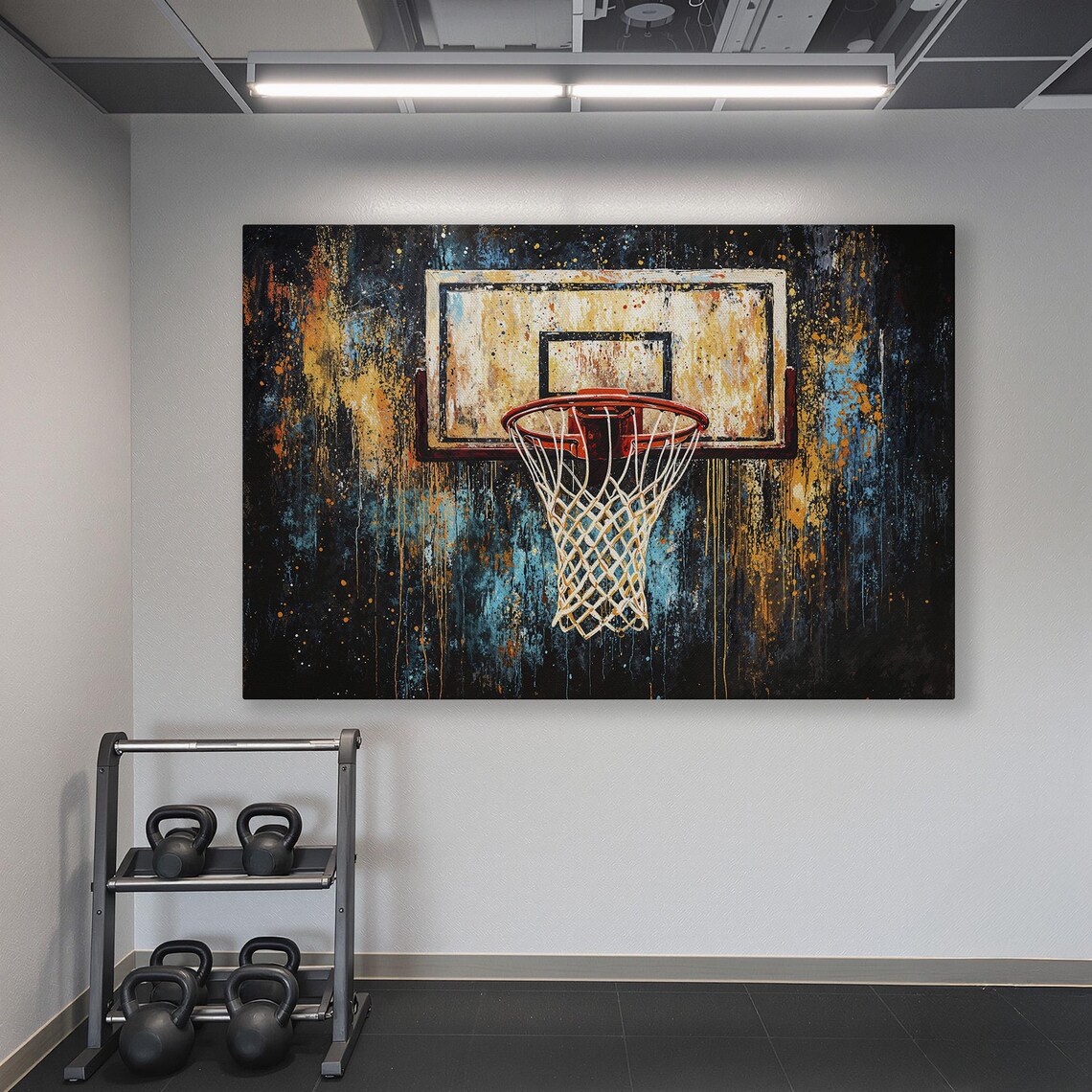 Red Rimmed Basketball Hoop On Orange And Blue Grunge Art Poster - Image 6