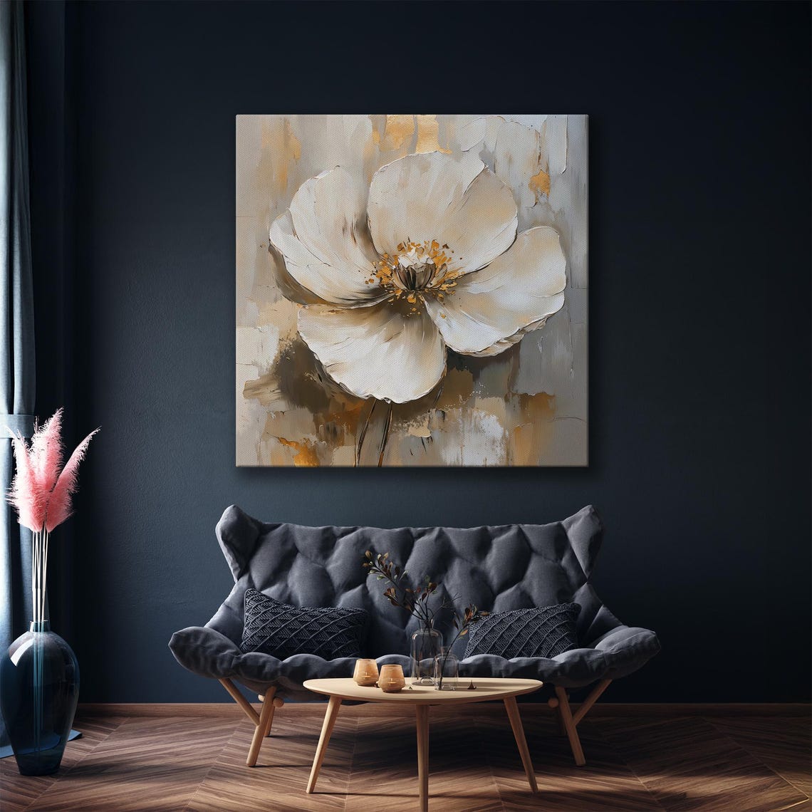 White Magnolia Flower With Gold Accents On Gray Impasto Art Poster - Image 4