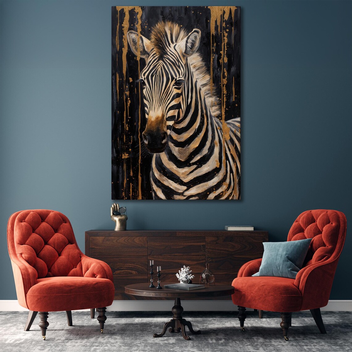 Zebra Portrait Gold Paint Drips On Black Safari Animal Wall Art - Image 4