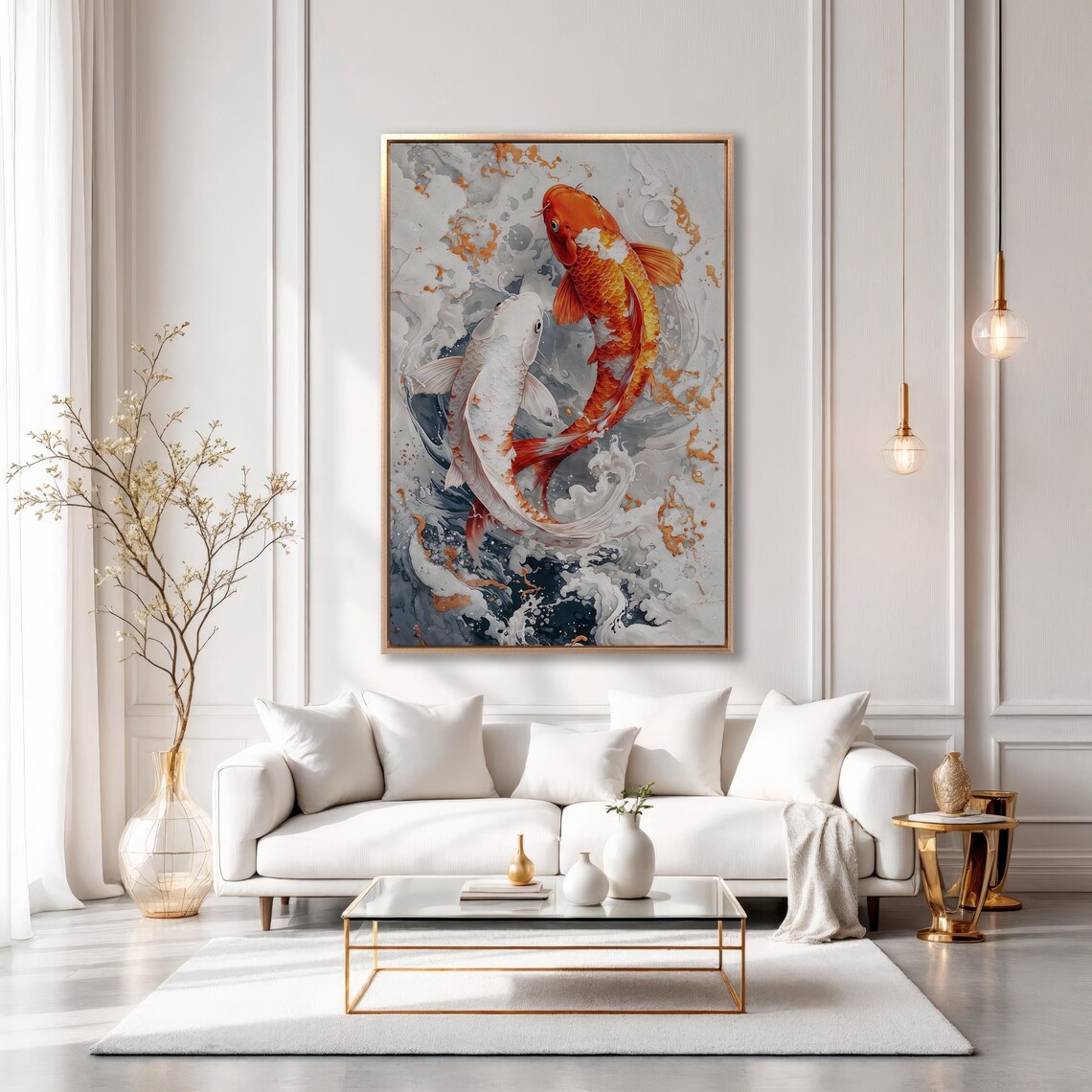 Orange and White Koi Fish Pair in Swirling Water Waves Art Poster - Image 6