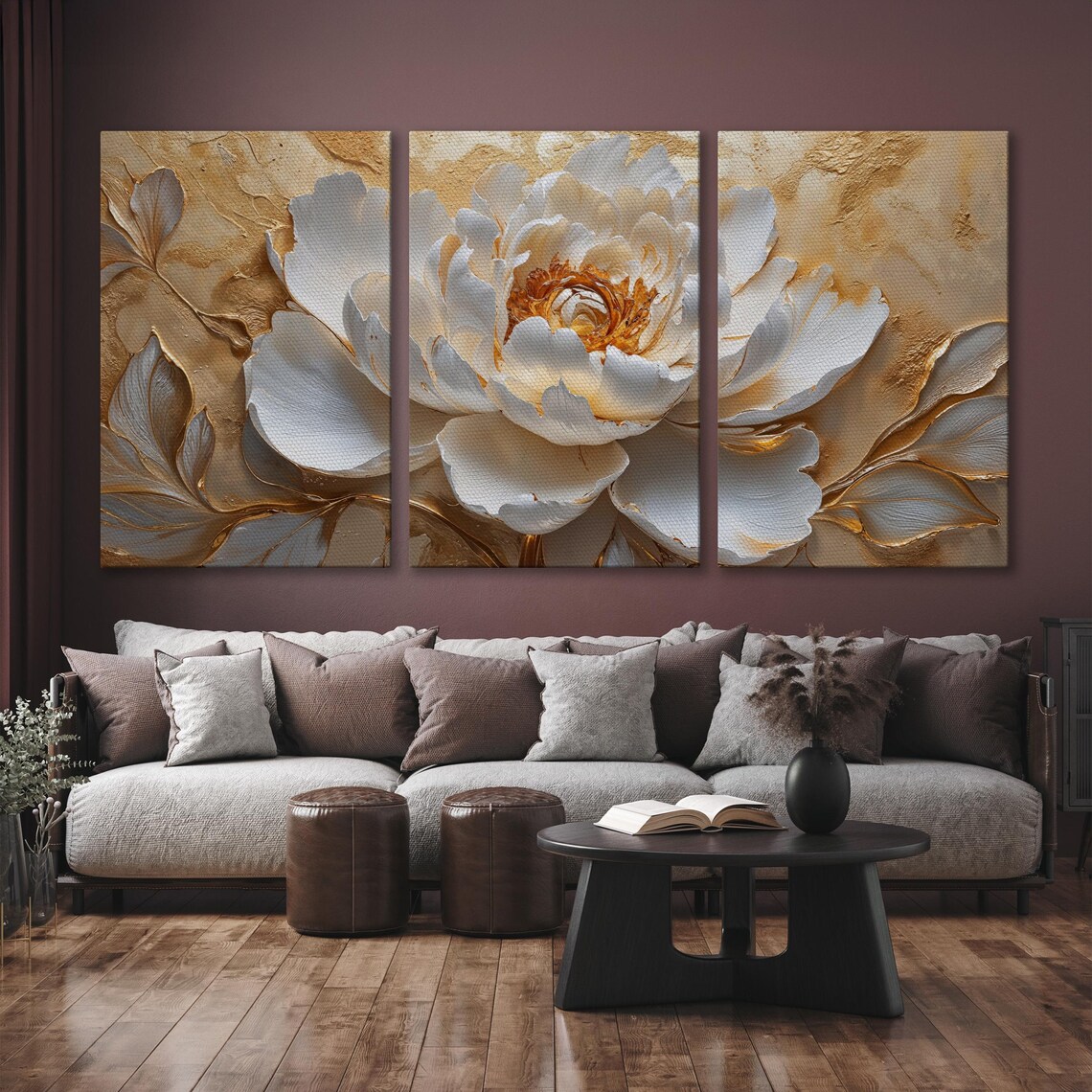 Large White And Gold Peony Bloom Sculpted Relief Botanical Poster - Image 6