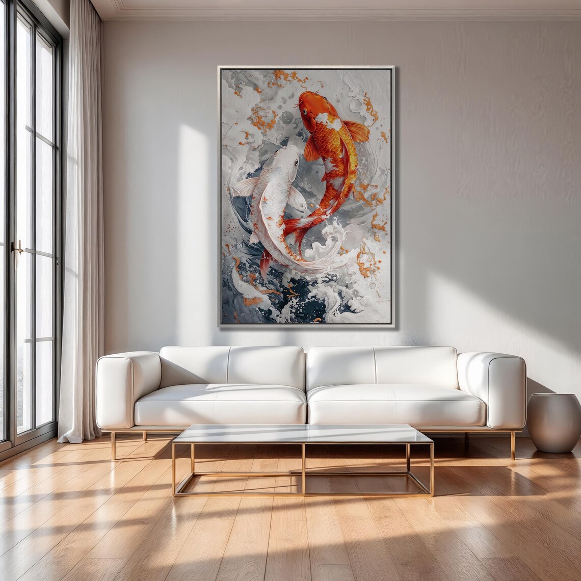 Orange and White Koi Fish Pair in Swirling Water Waves Art Poster - Image 2