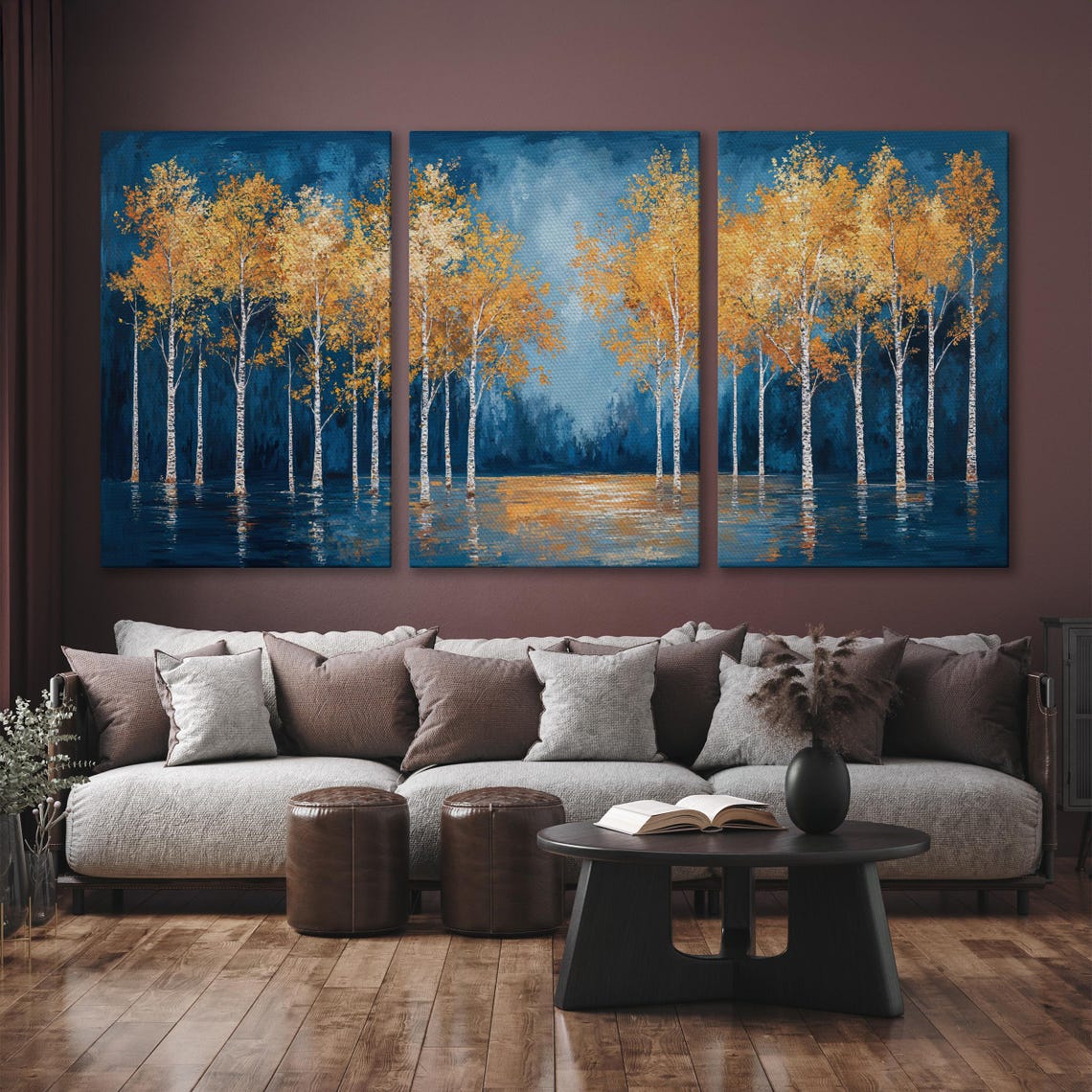 Golden Birch Trees Against Deep Blue Water Reflection Art Poster - Image 6