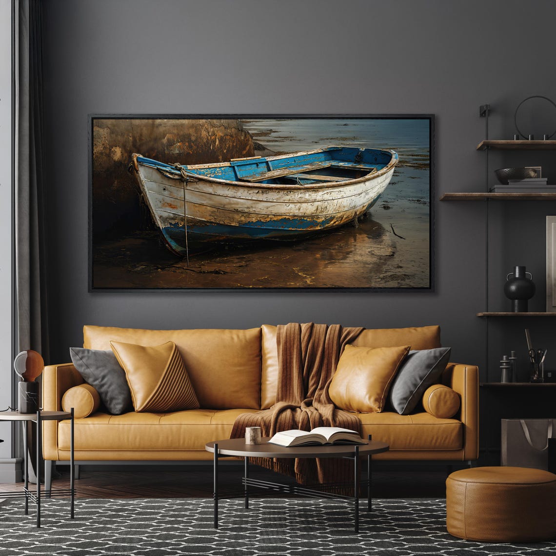 Weathered Blue Wooden Rowboat Moored At Low Tide Coastal Wall Art - Image 4