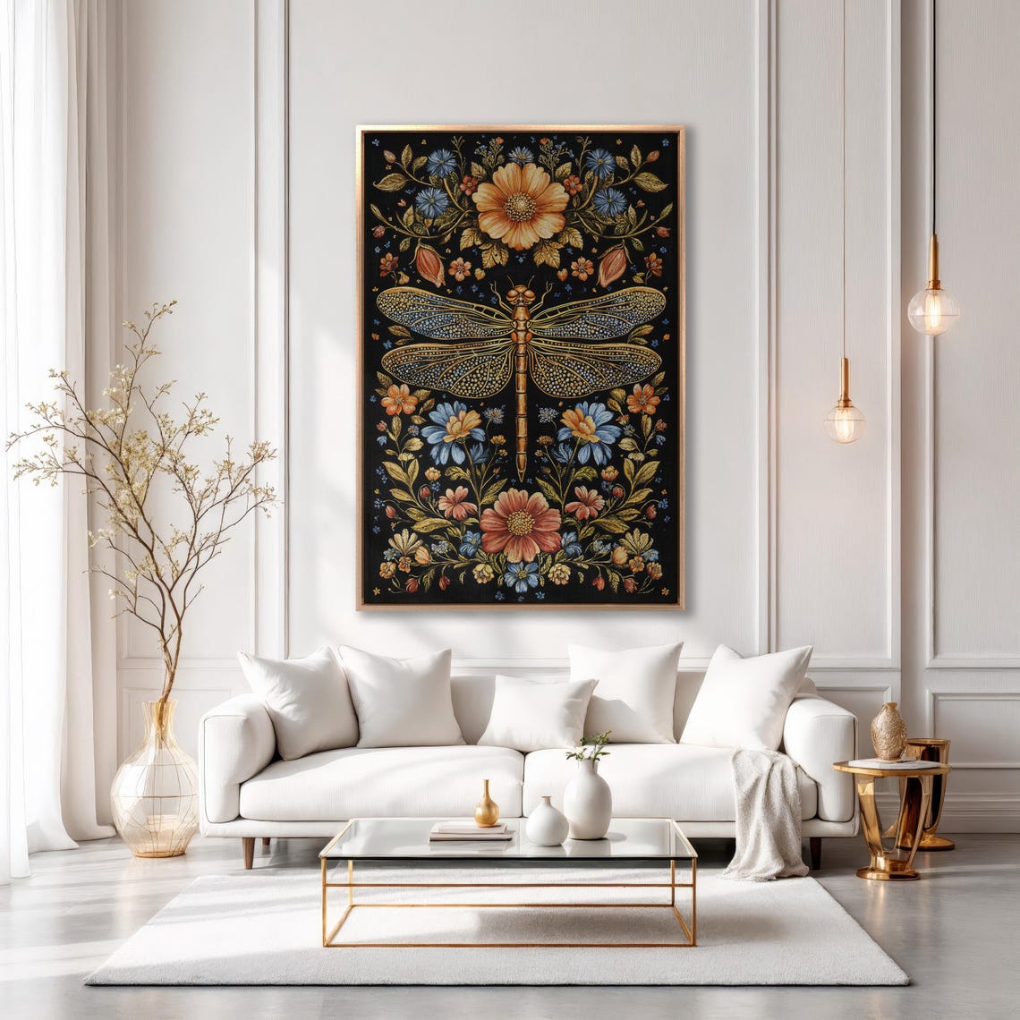 Golden Ornate Dragonfly With Symmetrical Floral Botanical Poster - Image 6
