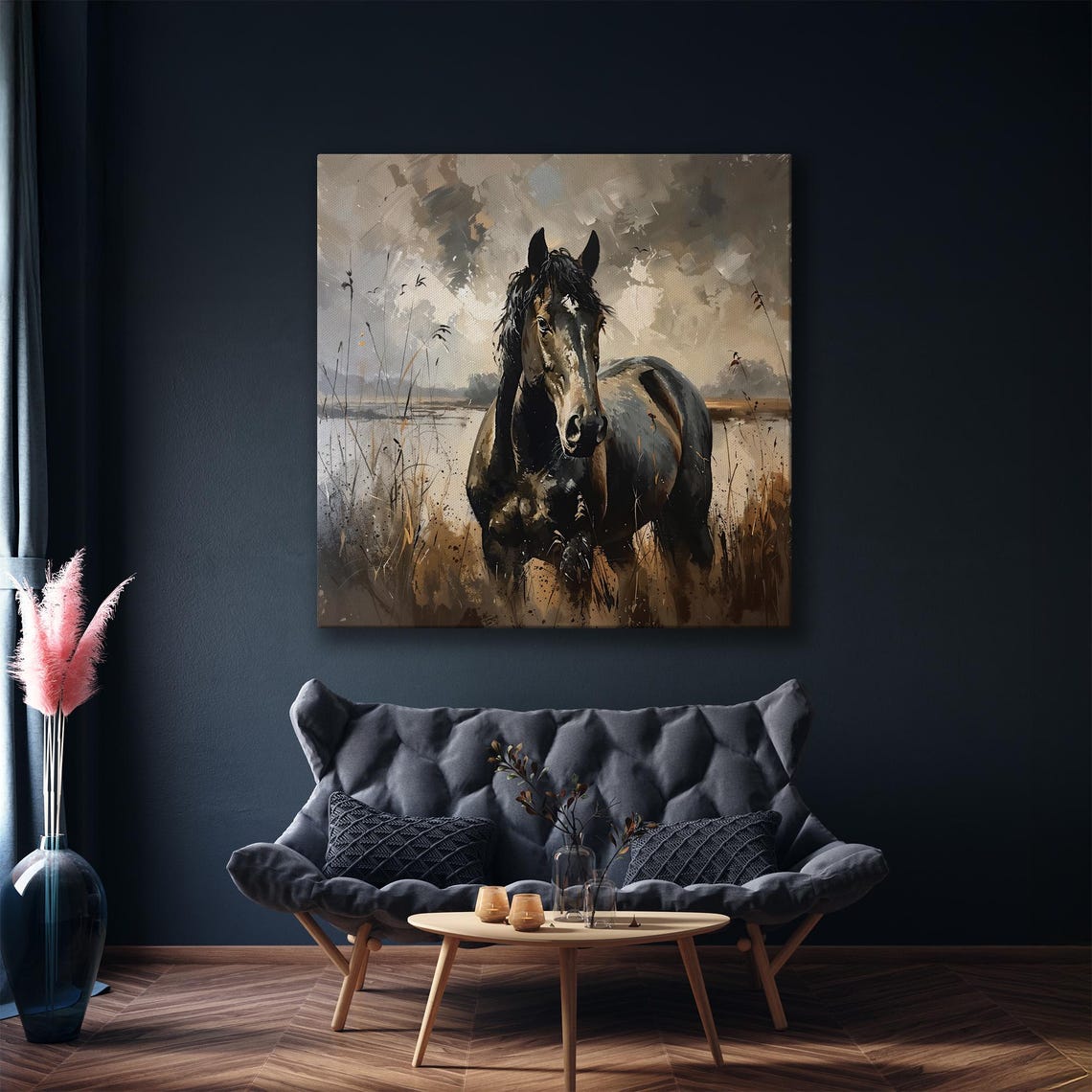 Dark Horse Standing In Misty Marsh Field Stormy Sky Watercolor Poster - Image 5