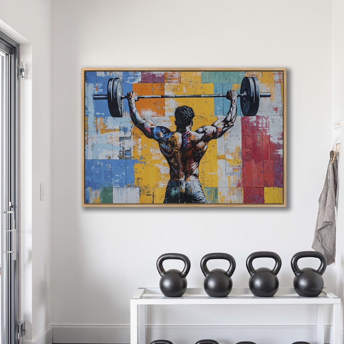 Man Pressing Barbell Overhead Back View Bold Color Block Poster - Image 2