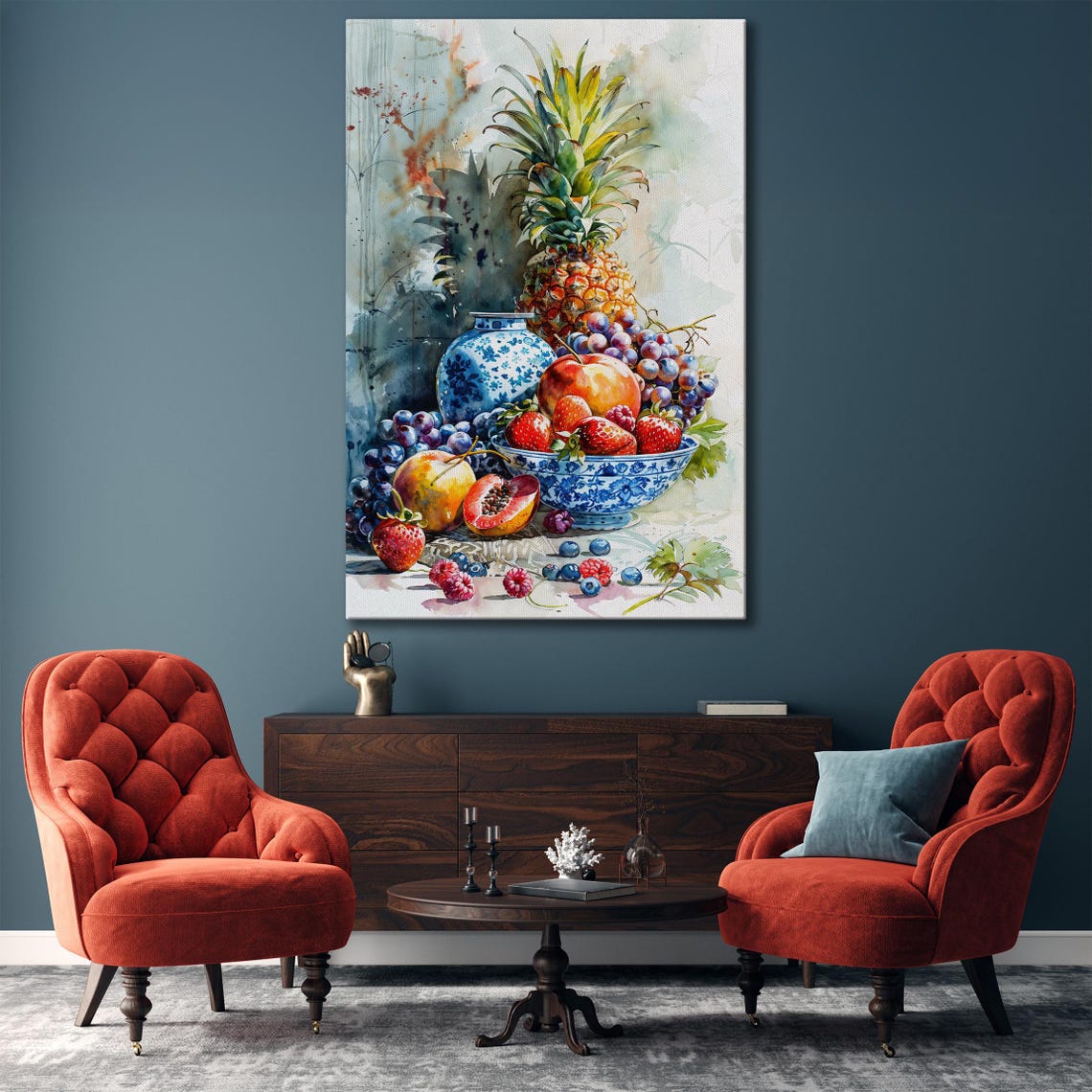 Watercolor Fruit Still Life With Pineapple And Blue Porcelain Poster - Image 6
