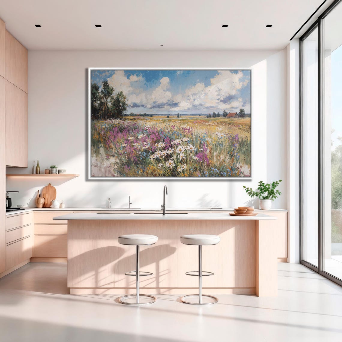 Summer Wildflower Meadow With Red Barn Under Blue Sky Poster - Image 3