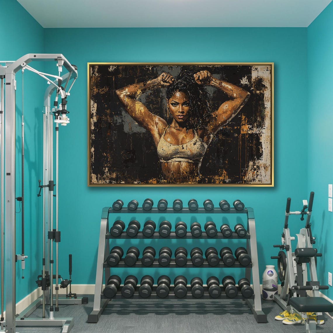 Fit Black Woman With Arms Raised On Dark Black Gold Gym Poster - Image 3