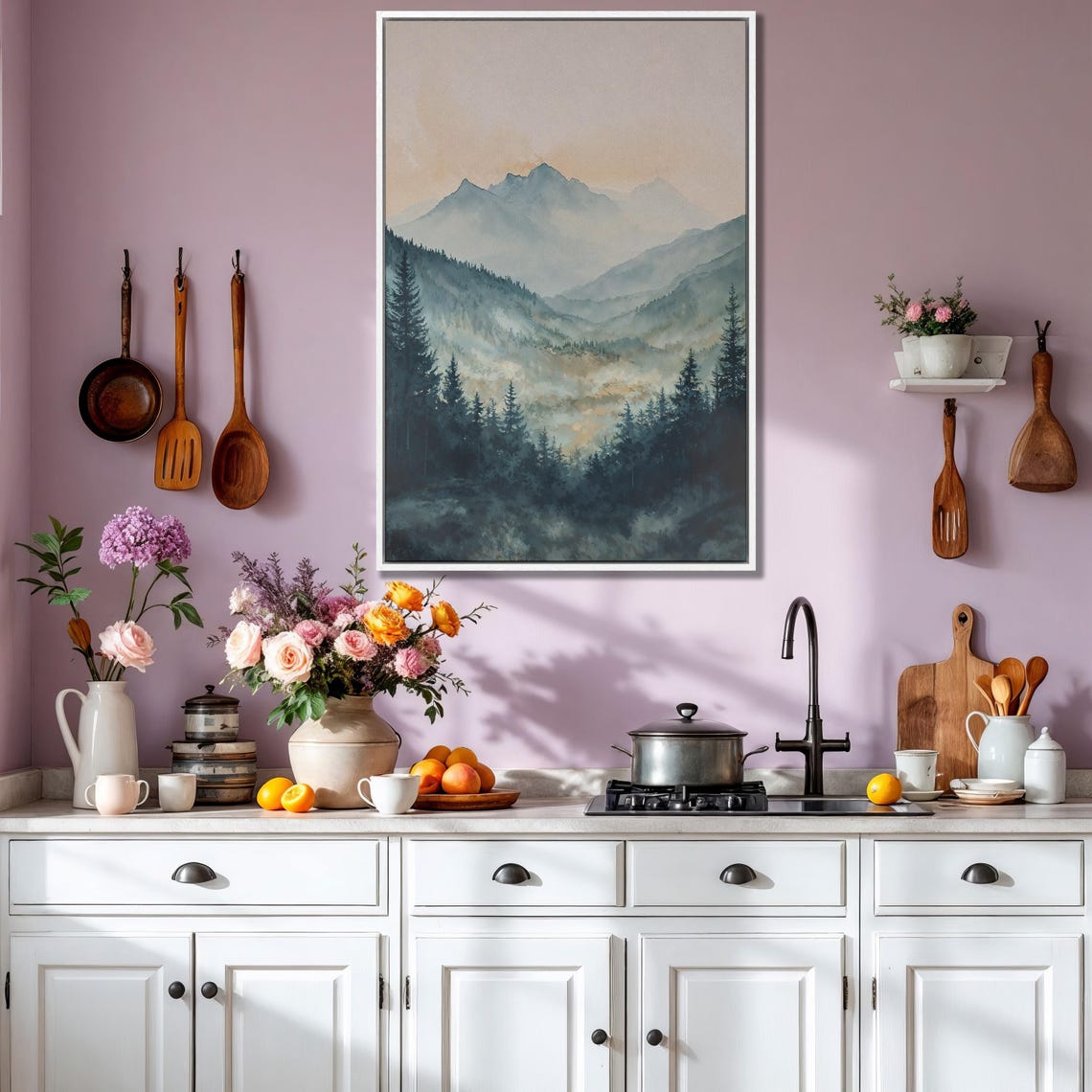 Misty Pine Forest Mountains at Dawn Soft Watercolor Landscape Poster - Image 3