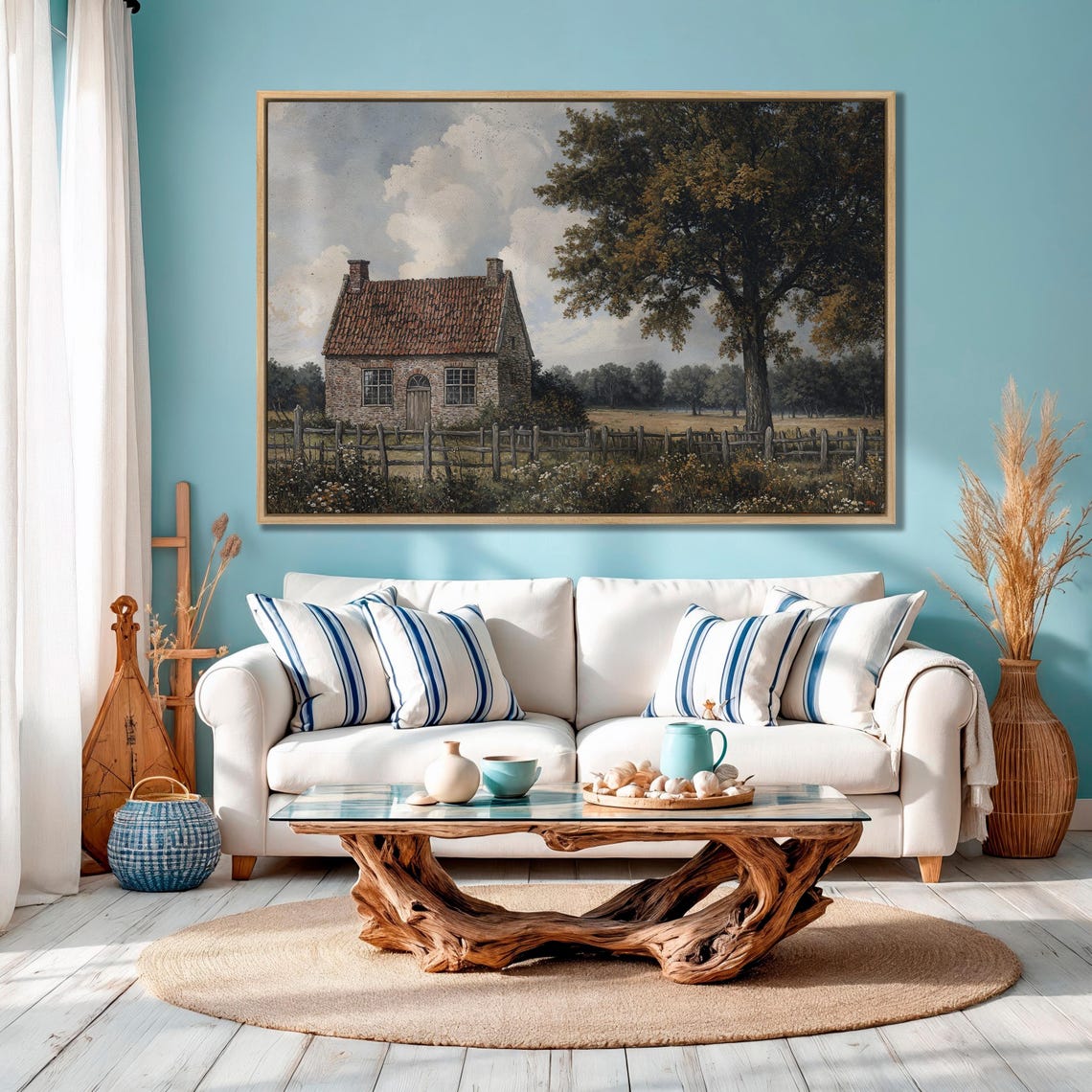 Old Stone Cottage With Red Tile Roof and Rustic Fence Poster - Image 4