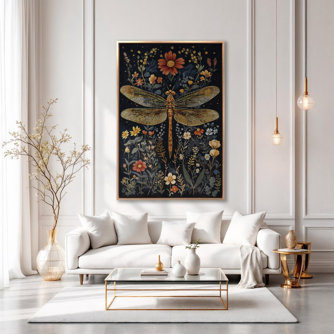 Golden Mosaic Winged Dragonfly Among Wildflowers on Black Poster - Image 6