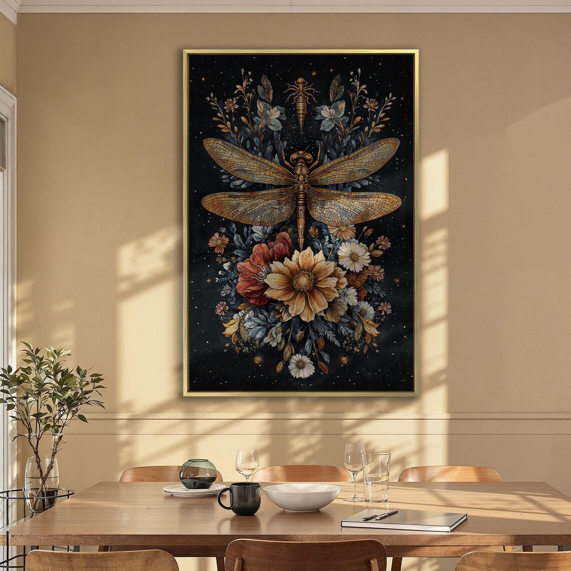 Bronze Dragonfly With Nymph in Autumn Bouquet on Black Poster - Image 2